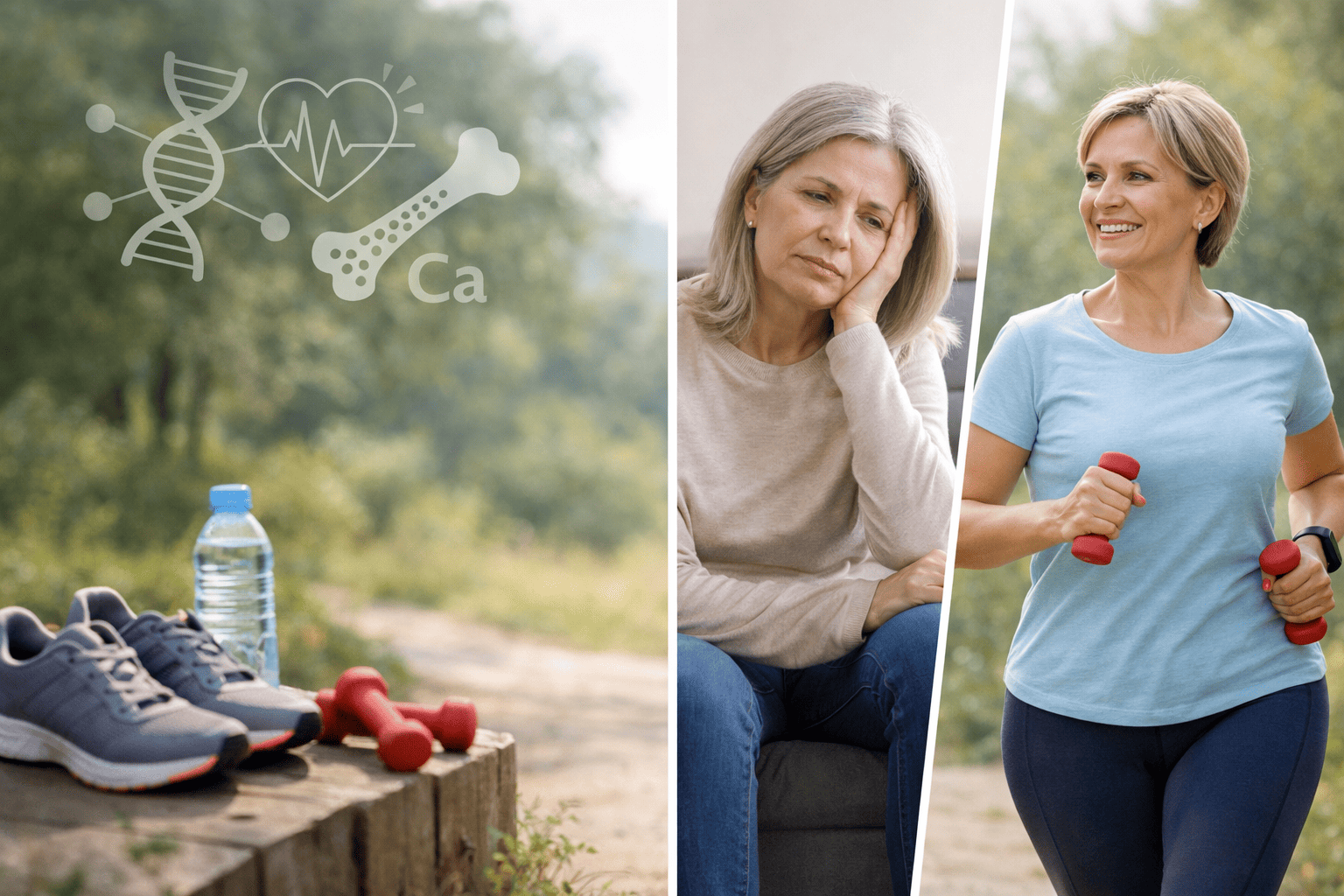 Femme ménopausée inactive vs femme active pratiquant une activité physique avec haltères pour préserver santé et énergie